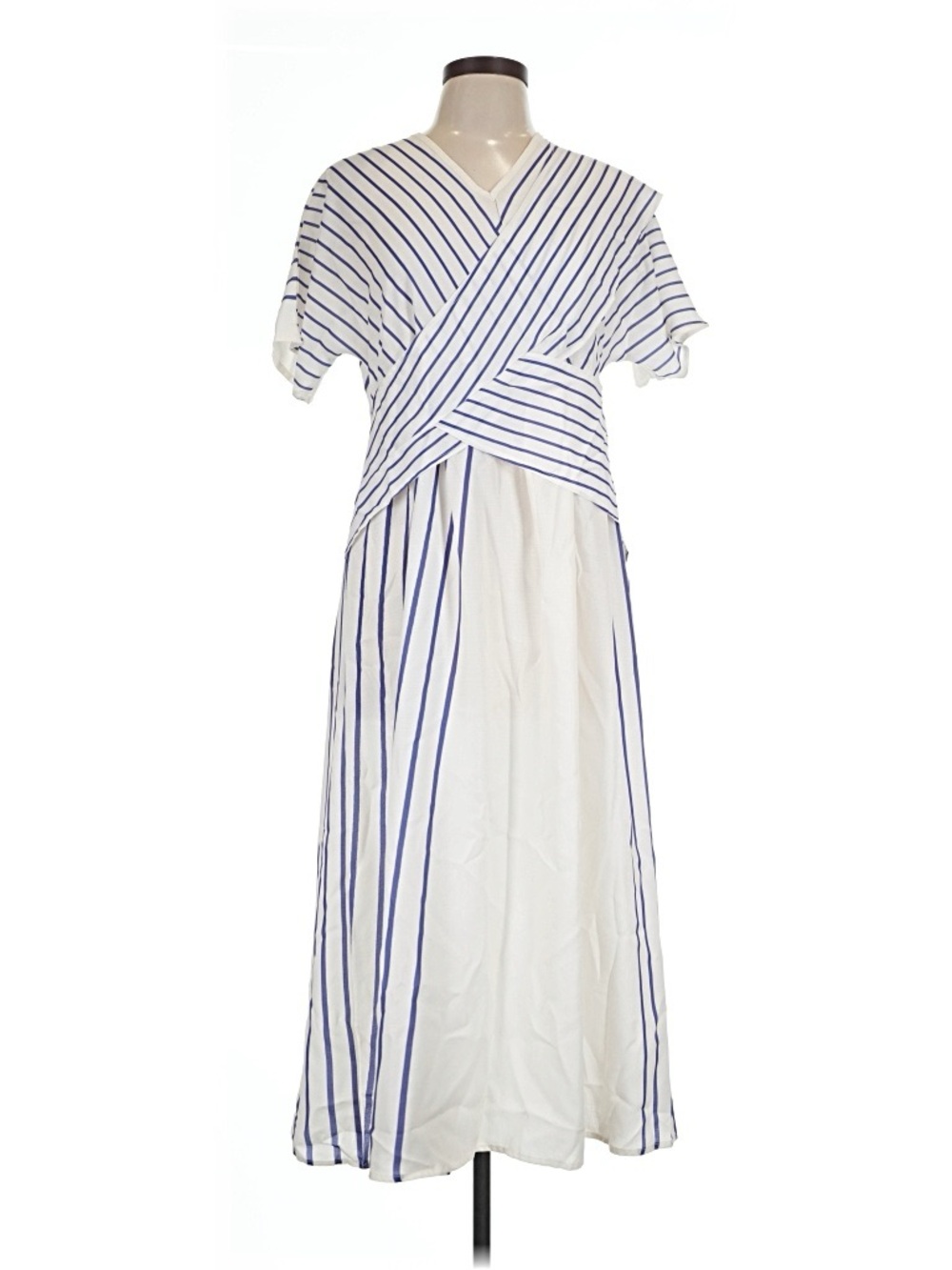 Striped White and Navy Wrap-Front Maxi Dress